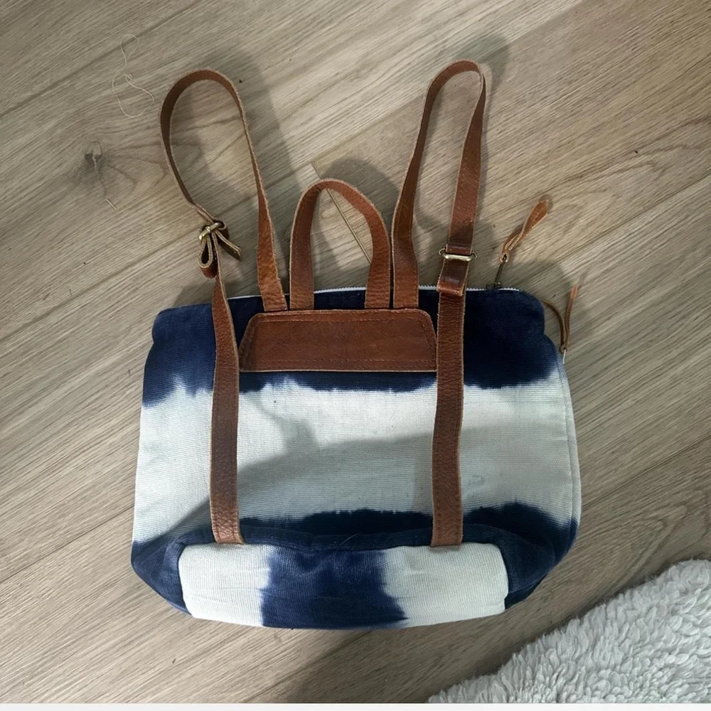 Mercado Global Lorena Nautical Blue and White Backpack with Leather Accents